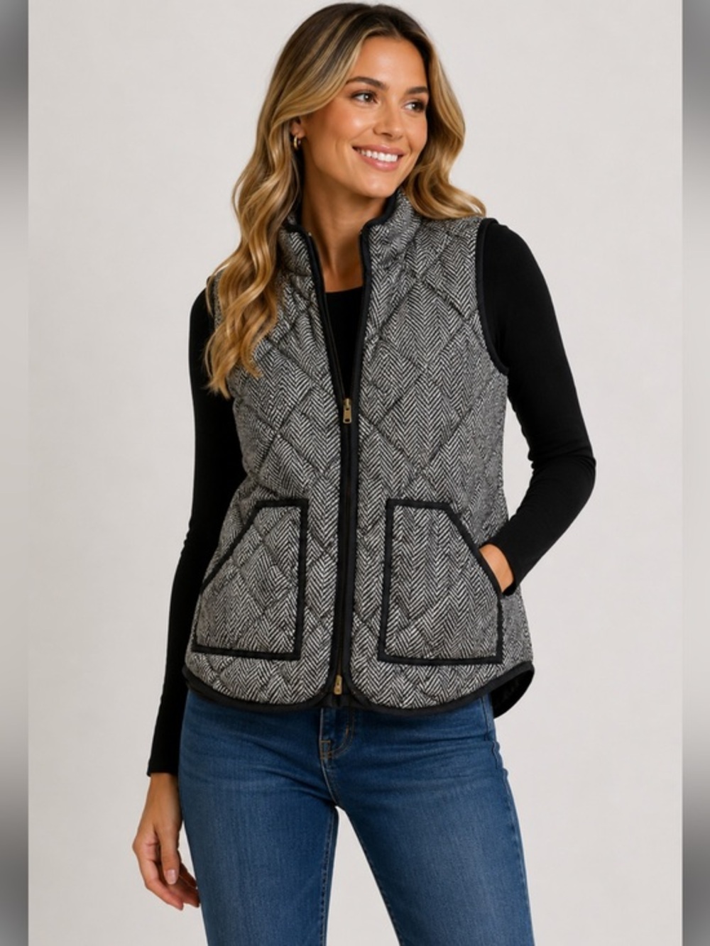 J.Crew Herringbone Quilted Puffer Vest Size Small Black White
